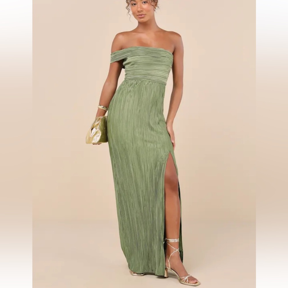 Poised Performance Olive Green Plisse One-Shoulder Maxi Dress